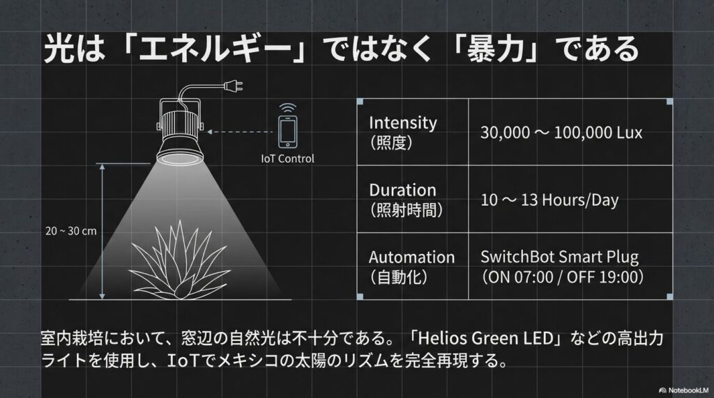 アガベ育成用LEDの照射距離20から30cm、3万から10万ルクス、1日10から13時間照射のIoT自動化設定図