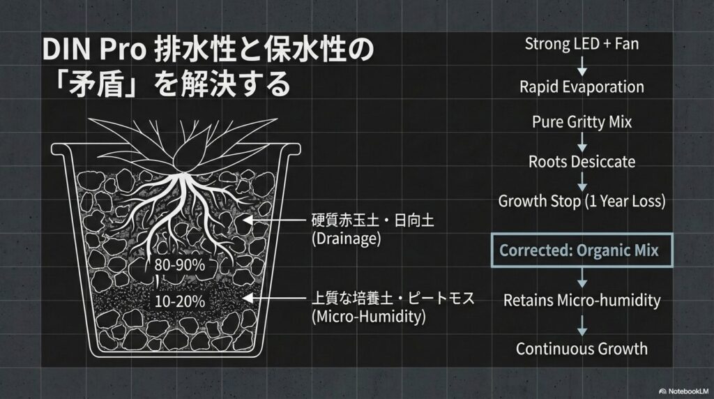 排水性を持つ硬質赤玉土80から90%と、保水性を持つ培養土10から20%を配合したアガベ専用土の図解