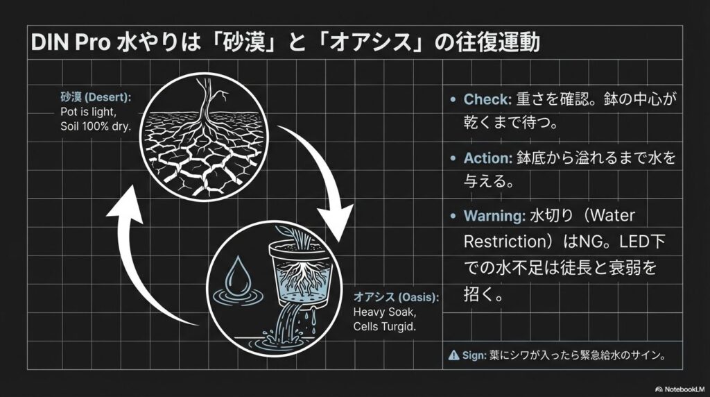 鉢が完全に乾く砂漠状態と、たっぷりと水を与えるオアシス状態を繰り返すアガベの水やりサイクルの図