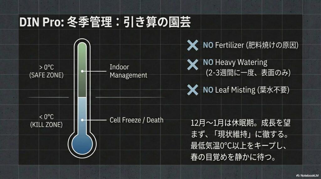アガベの冬季管理における0度以上の安全ゾーンと0度未満の凍結枯死ゾーン、および肥料や葉水が不要であることを示す図解
