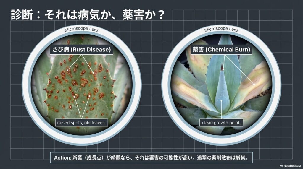 古い葉に盛り上がった斑点が出るさび病と、成長点が綺麗なまま変色する薬害のマイクロスコープ比較図