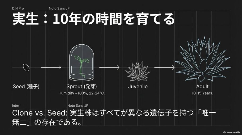 アガベの種子から発芽、子苗を経て、10年から15年かけて成木へと育つ実生のタイムライン図解
