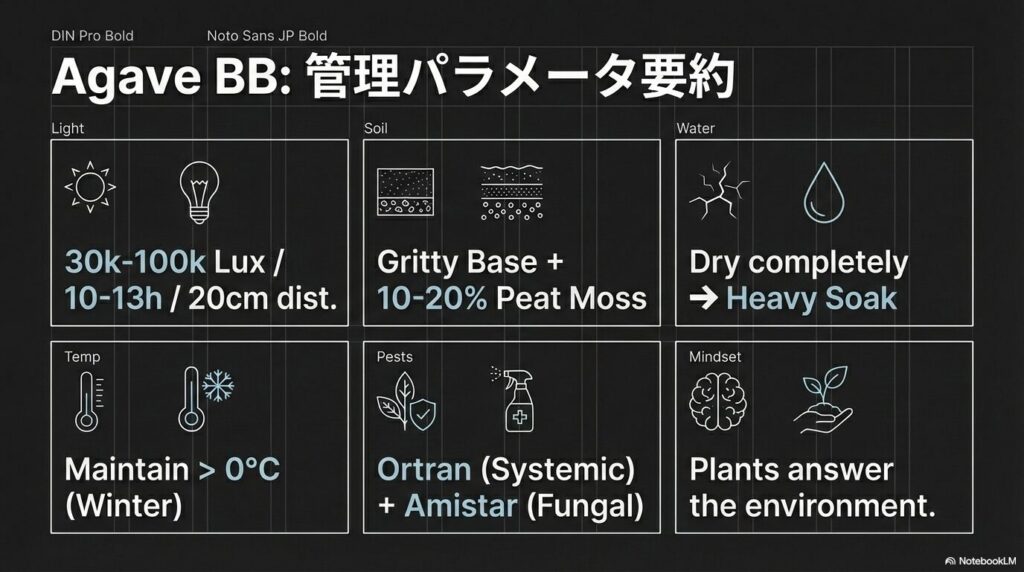 アガベ ブラックアンドブルー育成における光、土、水、温度、害虫対策のパラメータ要約一覧表