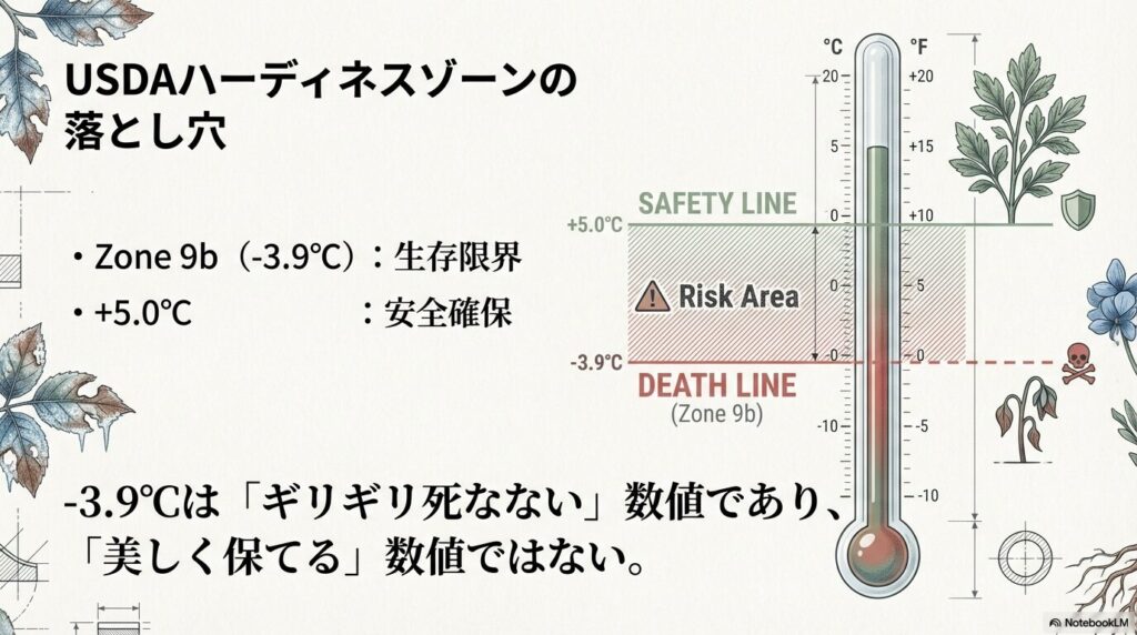 アガベベネズエラの耐寒性限界であるマイナス3.9度と安全に冬越しできる5度の温度ラインを示す図解