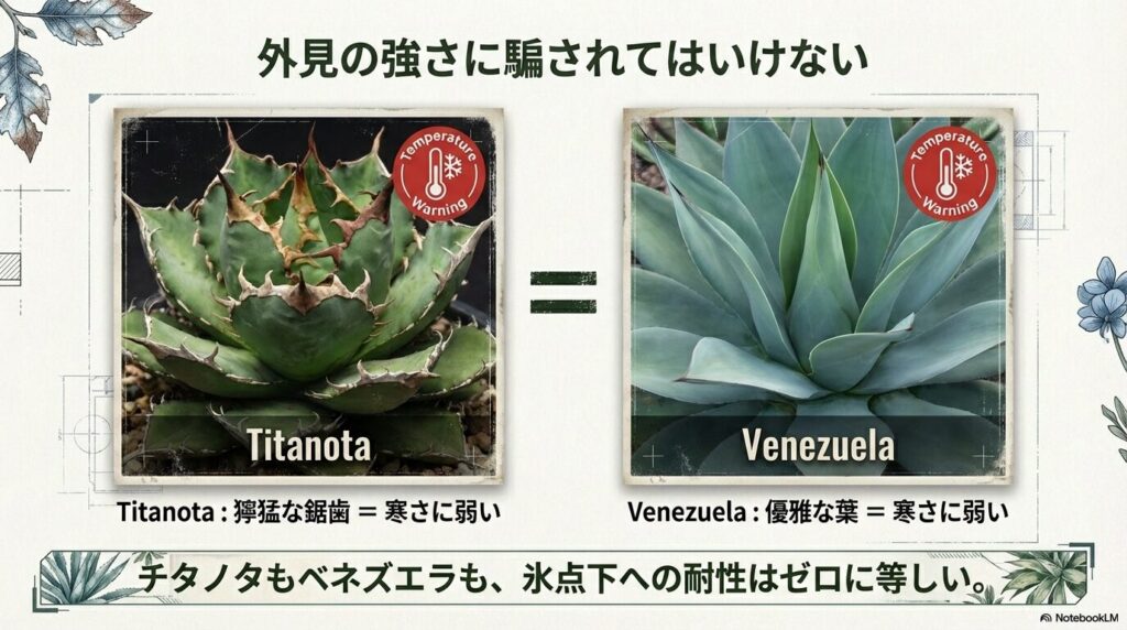 獰猛な棘を持つアガベチタノタと優雅なアガベベネズエラはどちらも寒さに弱いことを示す注意喚起