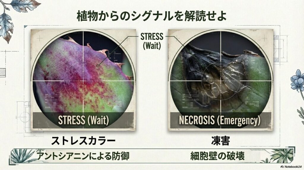 アガベが寒さで葉を赤くするストレスカラーとゼリー状に溶ける凍害の決定的な違いを示す図解