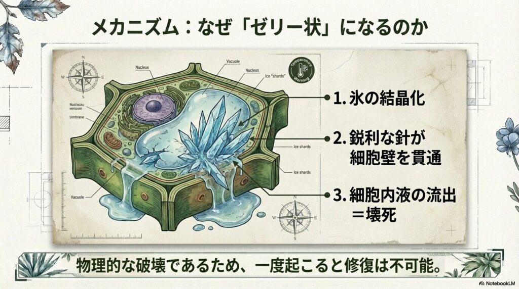 氷点下の冷気によってアガベの細胞内で氷の結晶が成長し細胞壁を破壊する凍害のメカニズム図解