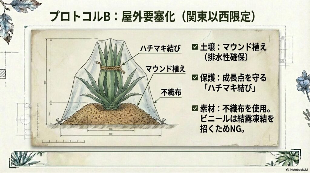関東以西でアガベベネズエラを屋外で冬越しさせるためのマウンド植え、ハチマキ結び、不織布の活用図
