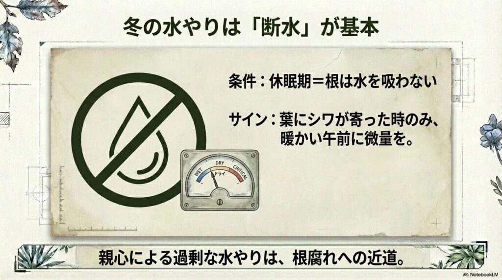 アガベの冬の休眠期における水やりは断水が基本であり親心による過剰な水やりは根腐れを招くという警告