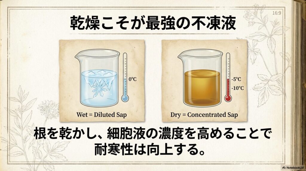 アガベの土を乾燥させることで細胞液の濃度が高まり耐寒性が向上する不凍液メカニズムの解説