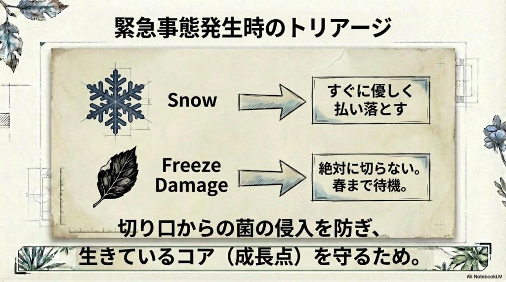 凍害ダメージを受けたアガベの葉と、菌の侵入を防ぐために春まで絶対に切らないよう促す指示
