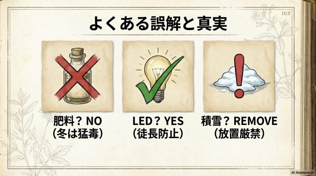 冬のアガベ栽培に関するよくある誤解として、肥料はNG、LEDライトは推奨、積雪は除去すべきというアイコン