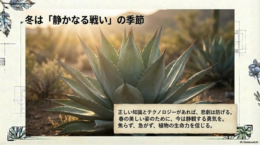アガベの冬越しにおける正しい知識とテクノロジーによる管理の重要性を示すメッセージ