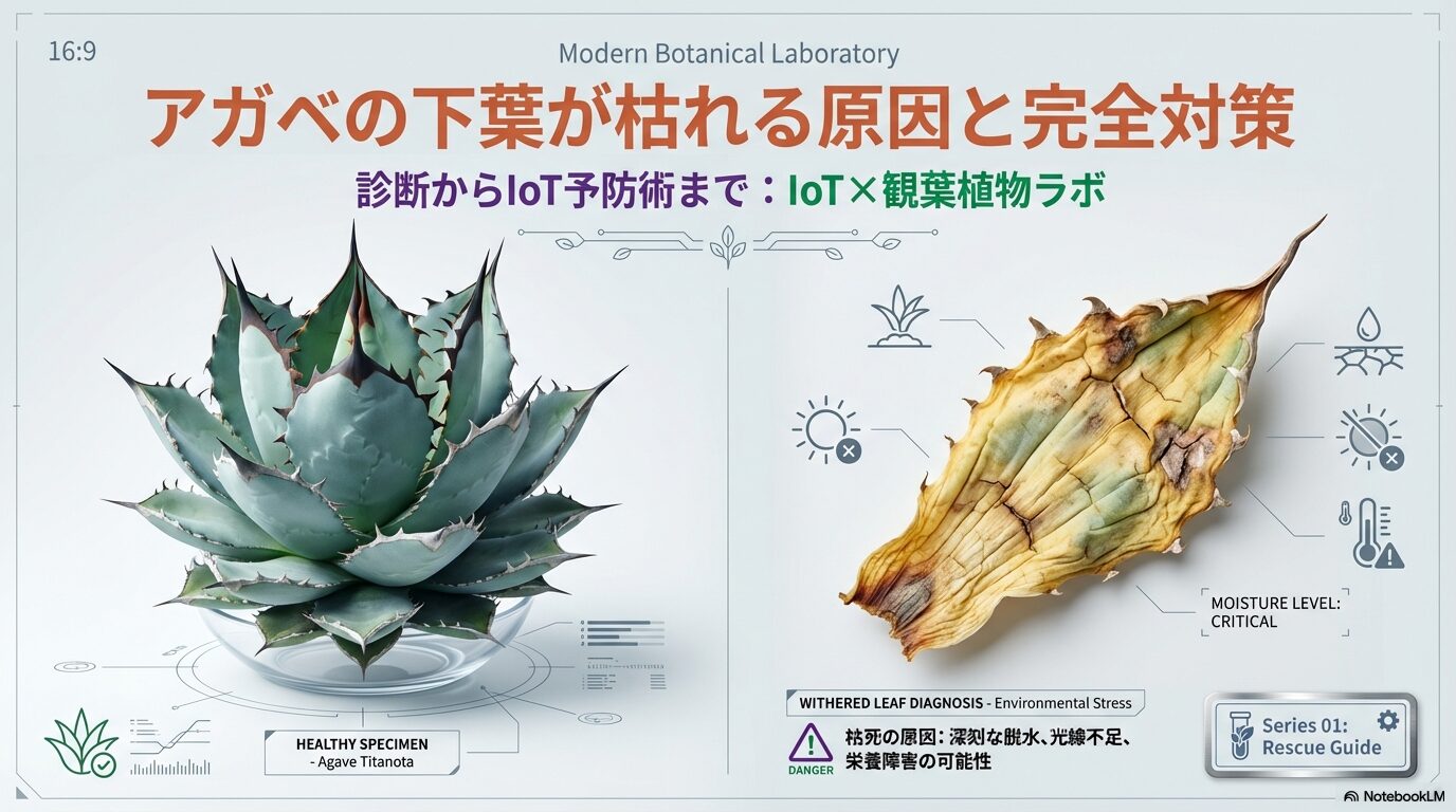 深刻な水分不足と環境ストレスで枯死したアガベの下葉の診断図