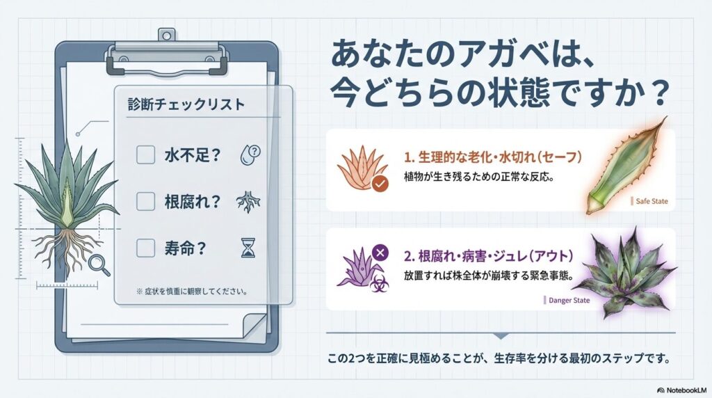 アガベの下葉が枯れる原因を水不足、根腐れ、寿命から特定する診断チェックリスト