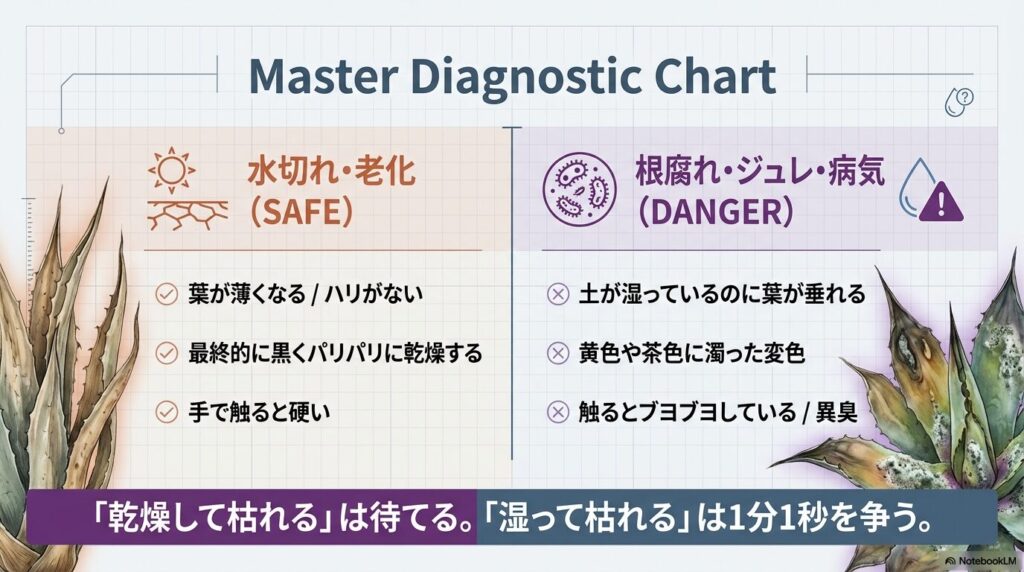 アガベの水切れによる安全な枯れ方と根腐れによる危険な枯れ方の比較チャート