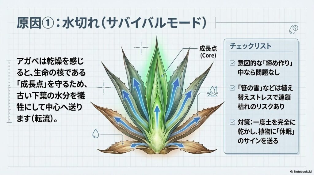 水切れ時にアガベが下葉の水分を成長点へ転流させる防衛本能のメカニズム