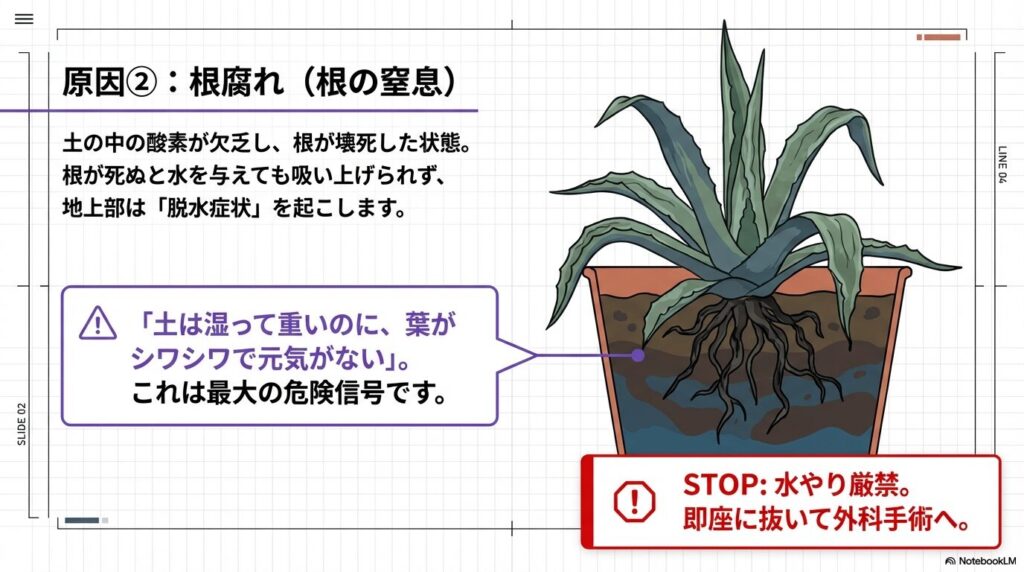 土の中の酸素欠乏で根腐れを起こし水が吸い上げられないアガベのイラスト
