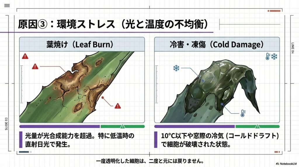 アガベの葉焼けによる茶色い焦げとコールドドラフトによる冷害の症状