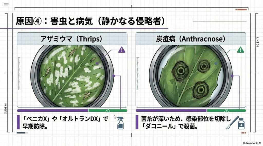 アガベの葉を吸汁するアザミウマと白く色が抜けたマダラ模様の被害症状