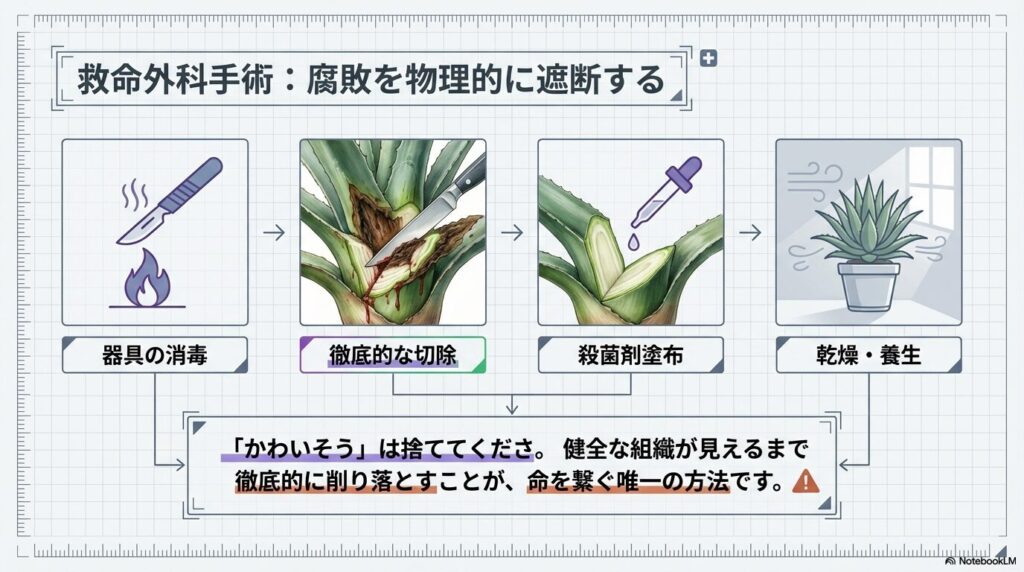 腐敗したアガベの患部を切除し殺菌剤を塗布する外科手術の手順