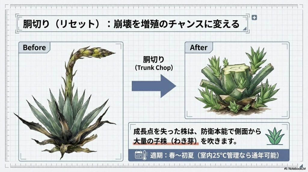胴切りによって成長点を失ったアガベから多数の子株（わき芽）が発生する様子