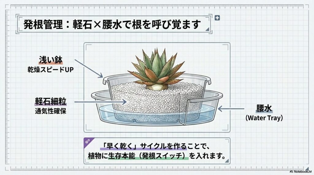 浅い鉢と通気性の良い軽石細粒、腰水を用いたアガベの確実な発根管理セットアップ