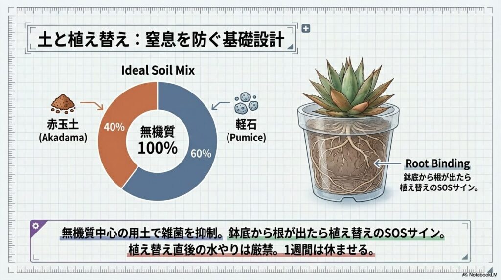 赤玉土40%と軽石60%を配合した無機質中心のアガベ用土ブレンド