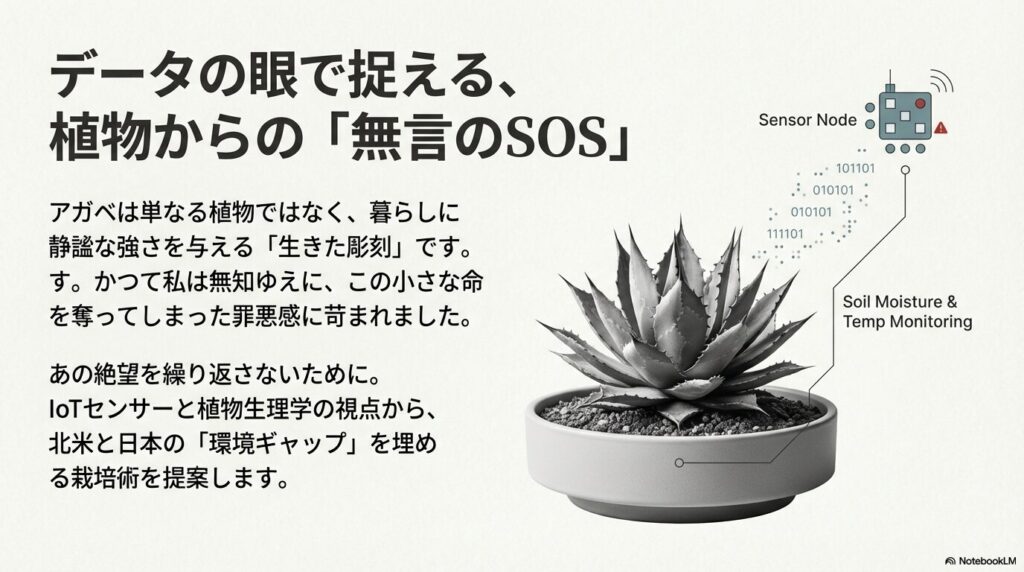 IoTセンサーを用いて土壌水分と温度を監視するアガベパリーの鉢植え