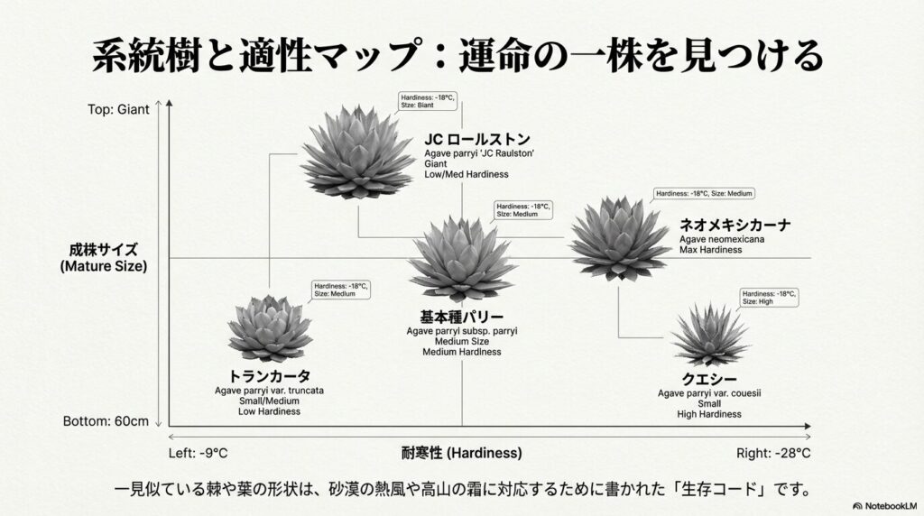 アガベパリー各種（JCロールストン、ネオメキシカーナ、基本種、トランカータ、クエシー）の成株サイズと耐寒性の系統樹マップ