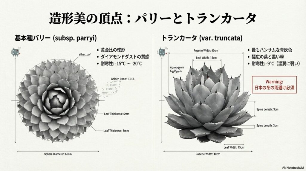 黄金比の球形を持つ基本種パリーと、青灰色で幅広の葉を持つアーティチョーク型のトランカータの形態比較
