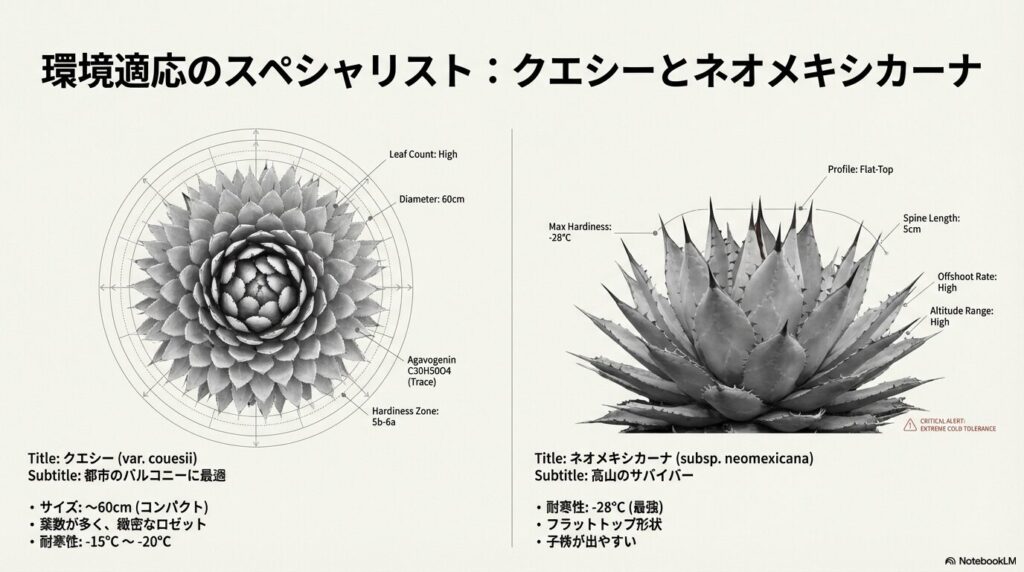 葉数が多く緻密な小型のクエシーと、フラットトップ形状で極めて高い耐寒性を持つネオメキシカーナ
