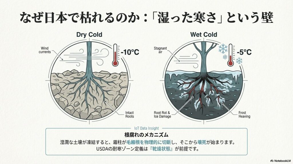 乾燥した寒さと湿った寒さによるアガベの根腐れメカニズムと霜害の違いを示す図解