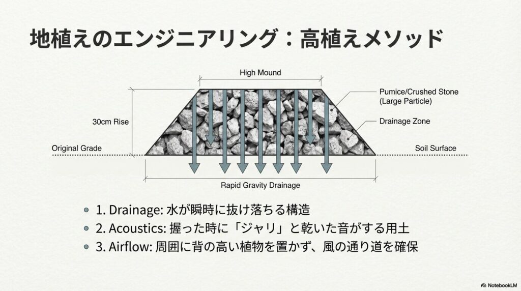 アガベパリーの地植えにおける水はけを最適化する高植え（マウンド状）のエンジニアリング図解