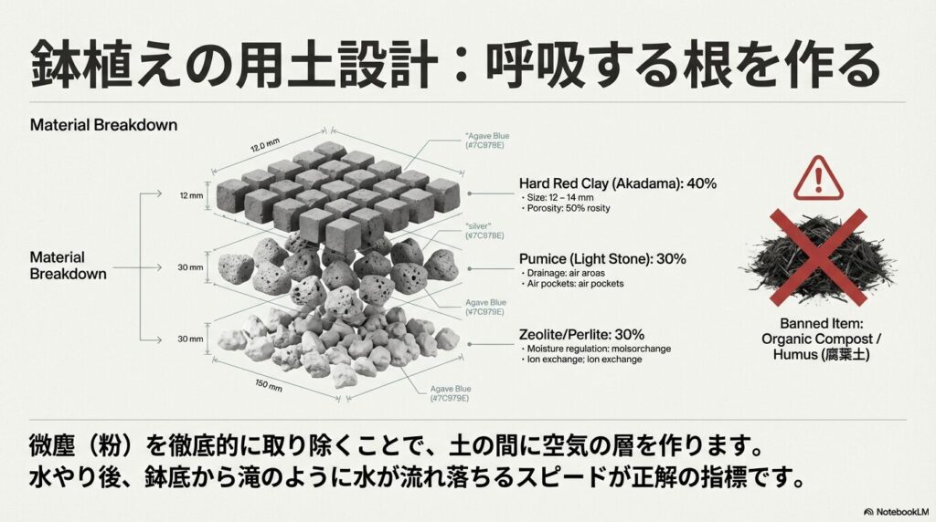 硬質赤玉土、軽石、ゼオライトを配合したアガベ用無機質土壌の層状構造と、使用禁止の腐葉土