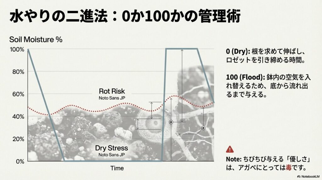 アガベの土壌水分量の変化を示すグラフ。完全乾燥と底から流れ出るまでの水やりを繰り返す0か100かの管理