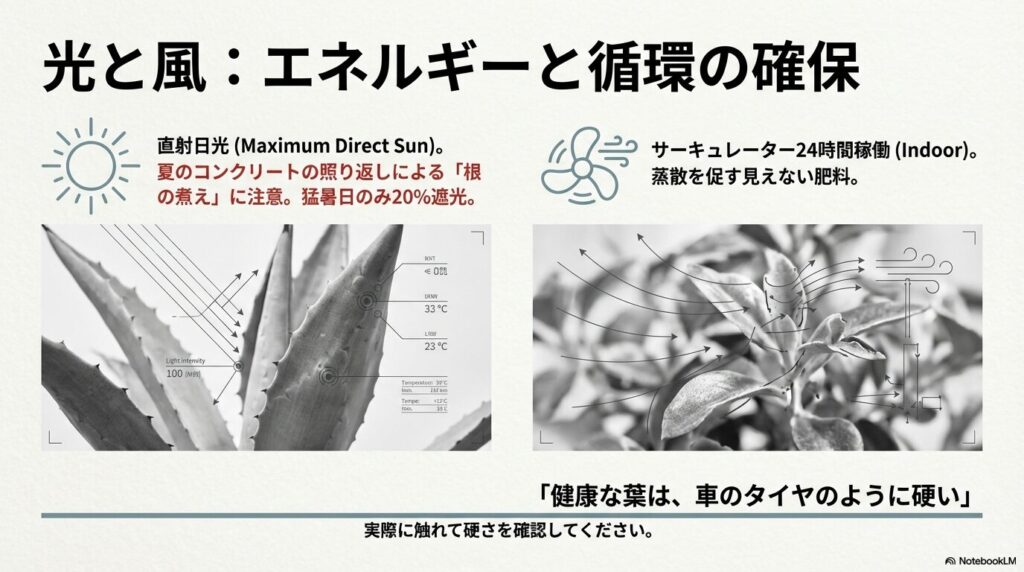 アガベパリーへの強烈な直射日光とサーキュレーターによる風の循環を示す図解