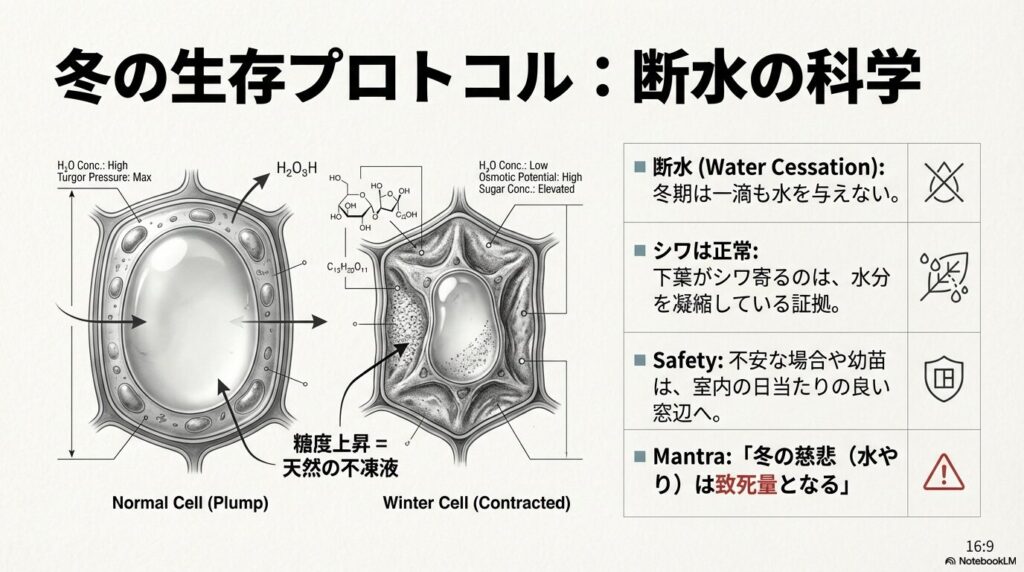アガベの細胞が冬の断水によって収縮し、糖度が上昇して天然の不凍液となる生物学的メカニズム