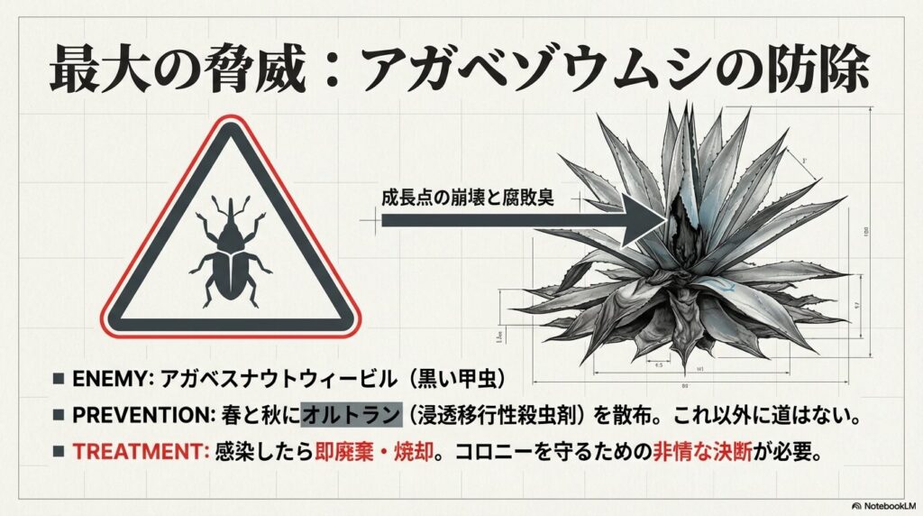 アガベパリーの最大の脅威であるアガベスナウトウィービル（アガベゾウムシ）の警告アイコン