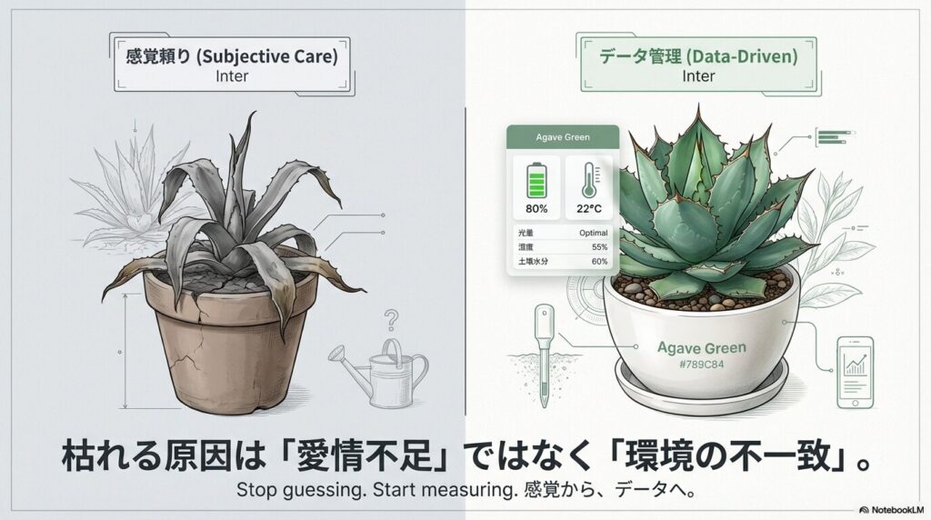 アガベアテナータの成長速度を高めるIoTデータ管理と感覚頼りの育成の比較