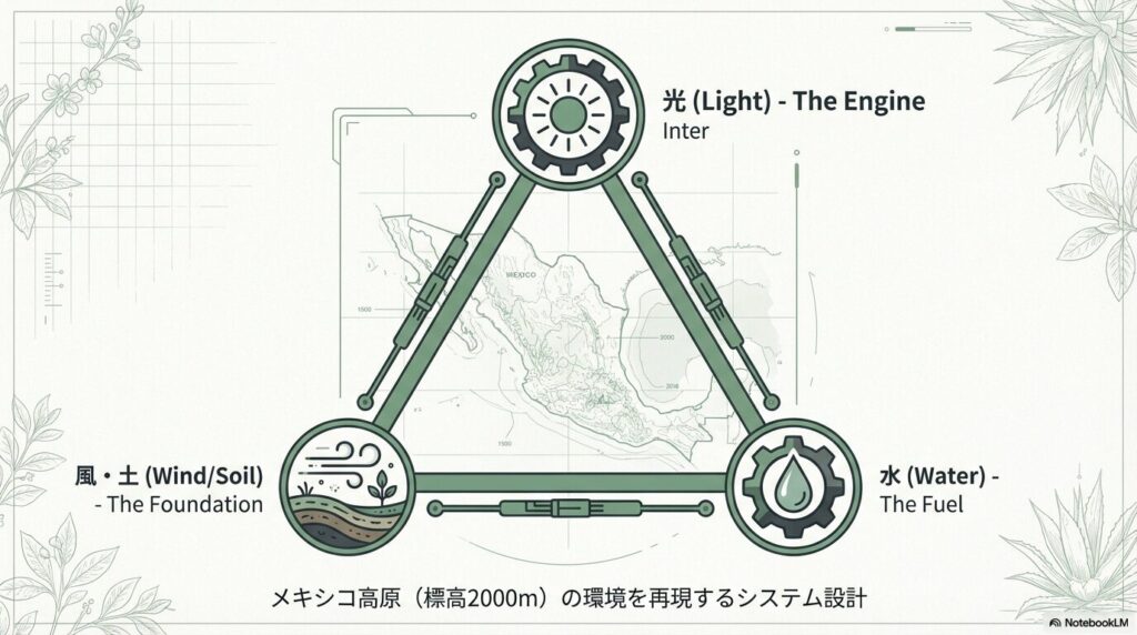 アガベアテナータの成長の土台となる風と土、エンジンとなる光、燃料となる水