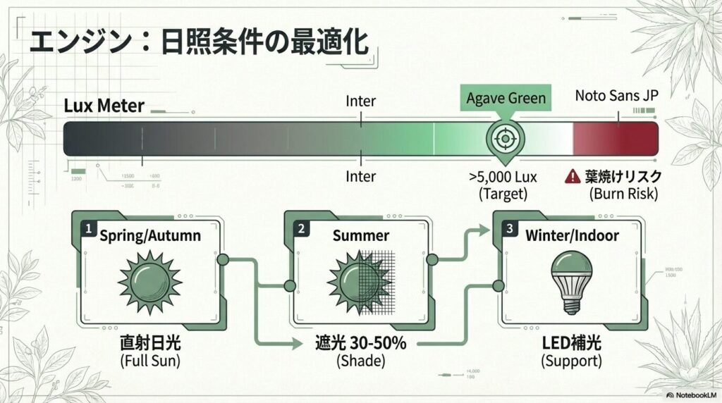 アガベアテナータの季節ごとの最適な日照条件と成長速度を早める5000ルクス以上の光量管理