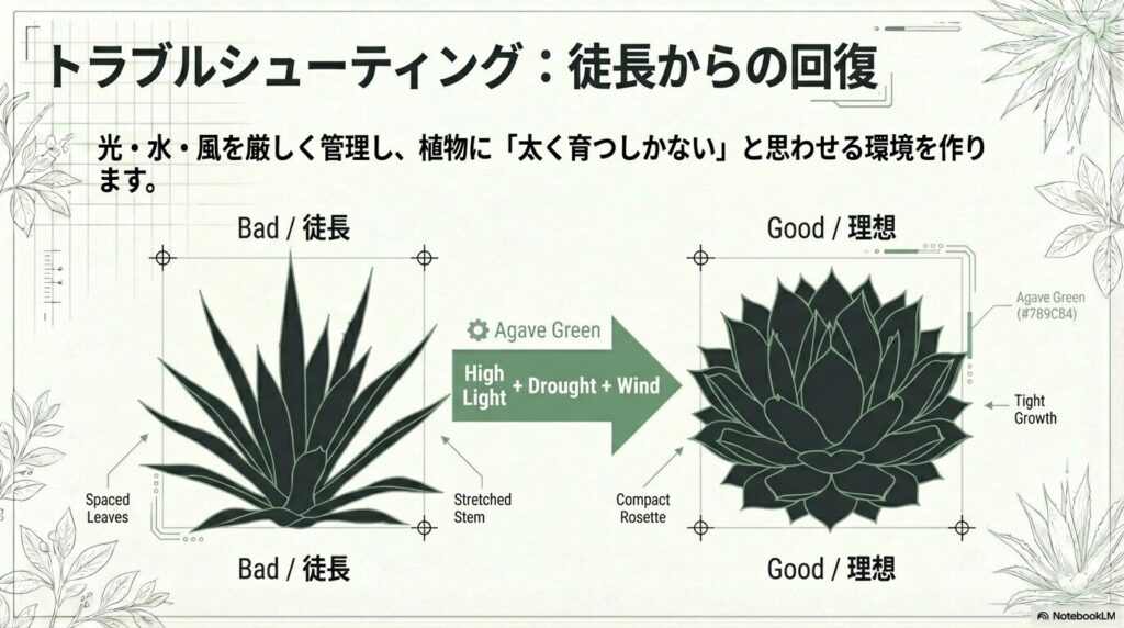アガベアテナータが徒長する原因と、強い光・乾燥・風通しによって引き締まった株の比較
