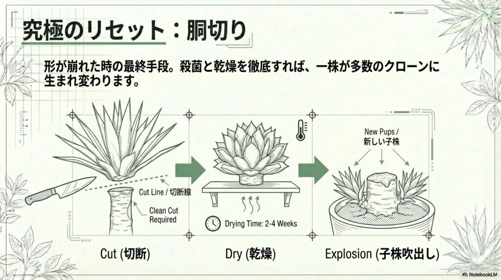 アガベアテナータの形が崩れた際に行う胴切りの手順と、切断面の乾燥、子株の発生プロセス