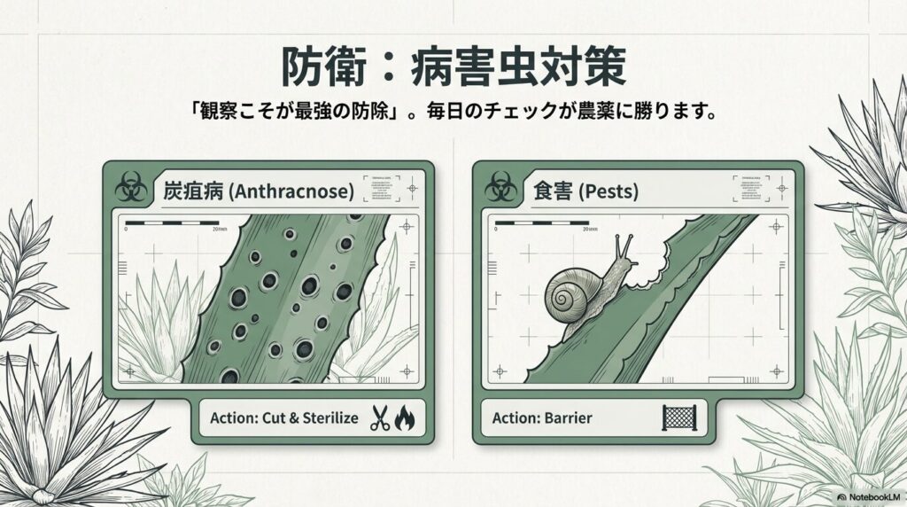 アガベアテナータの葉を枯らす原因となる炭疽病の黒い斑点と、ナメクジ等による食害のイラスト