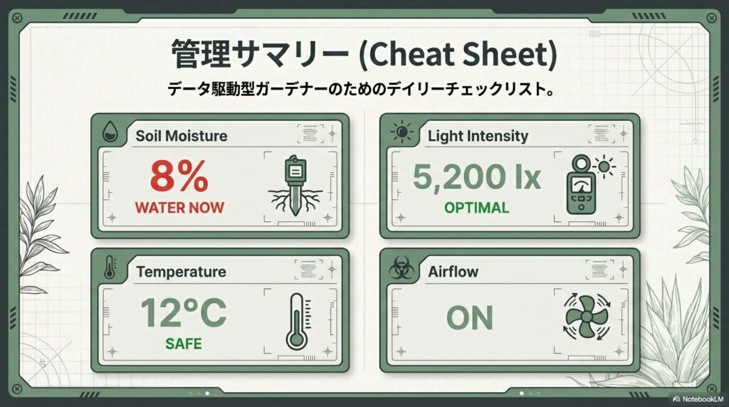 アガベアテナータの成長速度を最適化するための水分量、照度、温度を管理するIoTダッシュボード