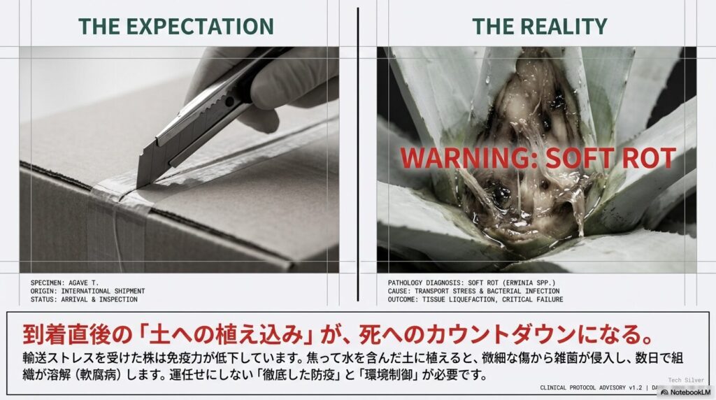 アガベ抜き苗到着直後に土へ植え込むことで発生する軟腐病のリスク