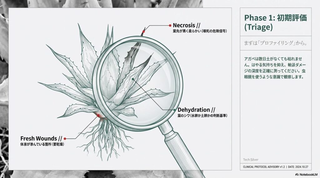 アガベ抜き苗の葉のシワや壊死などの状態確認と初期評価ポイント