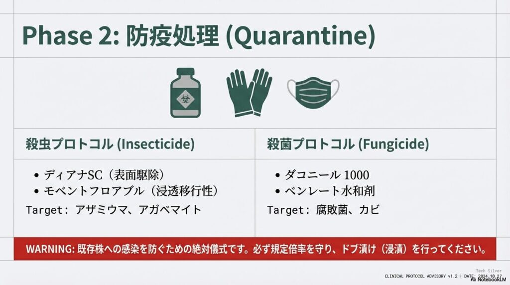 アガベ抜き苗のアザミウマや軟腐病を防ぐための殺虫剤と殺菌剤を用いた防疫処理