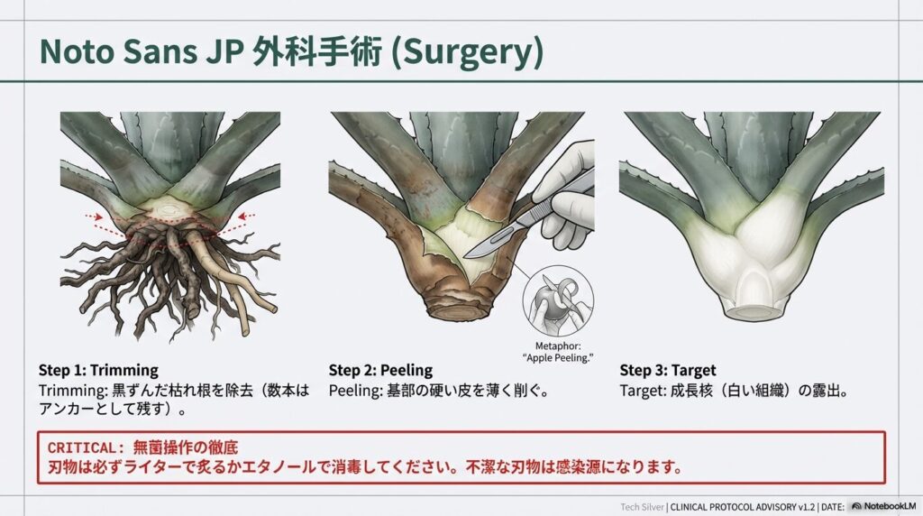 アガベ抜き苗の古い根を整理し、無菌状態の刃物で成長核を露出させる外科手術的下処理
